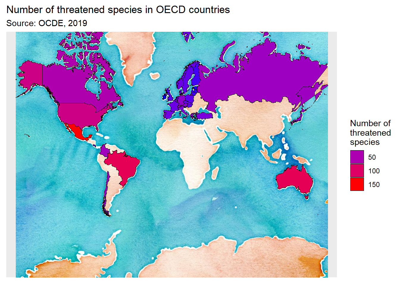 Nombre d'espèces en danger dans les pays de l'OCDE superposé à une carte importée par **`ggmap`**