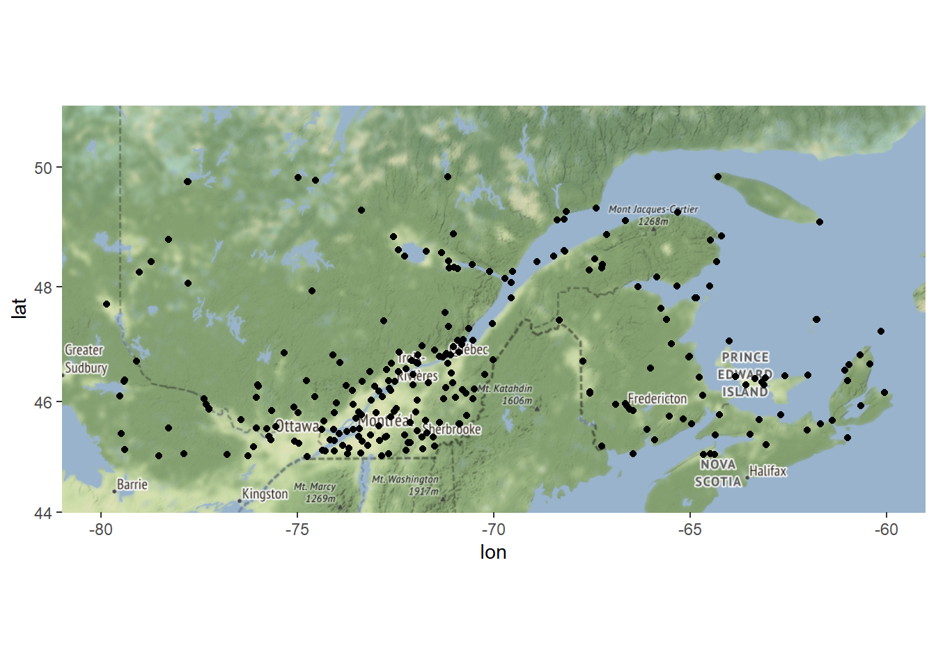 Position des stations météo du tableau `weather` superposé à une carte importée par **`ggmap`**