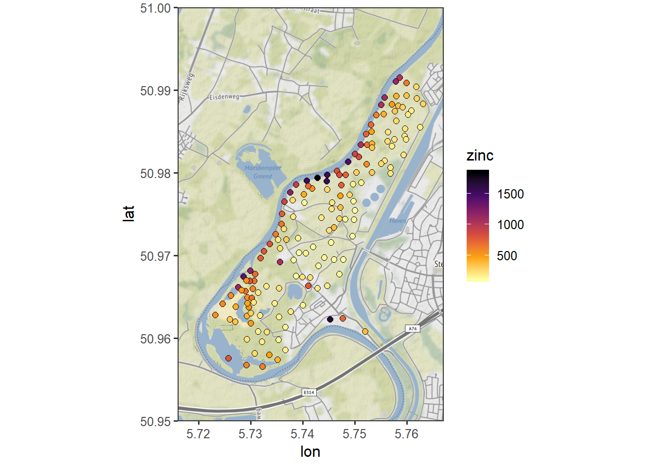 Mesures de concentration en zinc dans les sols d'une rive de la rivière Meuse